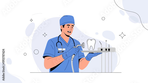 Dentist holding dental equipment with tooth model, modern dental care concept