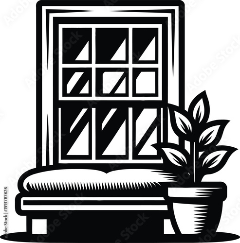 Cozy window seat icon featuring a cushioned bench under a window and a potted plant for home interior design and relaxation concepts.