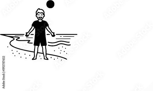 Joyful person tossing a dark ball at a stylized beach with water