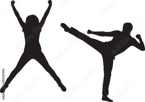 Black silhouettes of woman jumping with arms raised and man kicking also transparent background martial arts