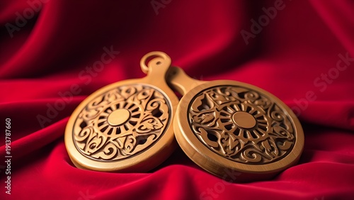  A pair of intricately carved wooden castanets resting on a rich red velvet fabric in close view. event programs, museum guides, designed for cultural heritage projects and event programs.