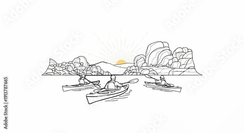 Kayakers paddle past rocky cliffs at sunrise