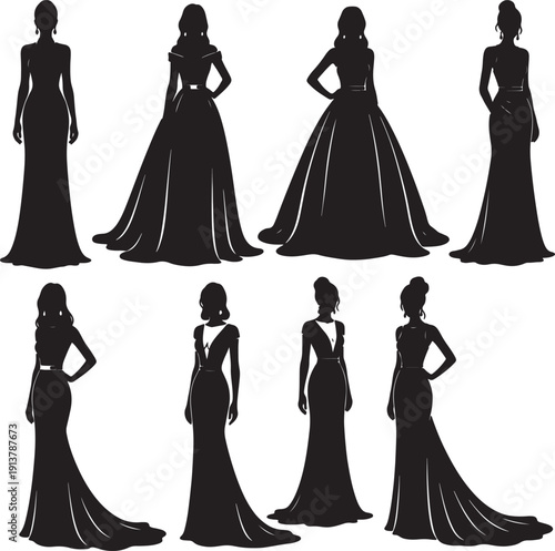 Eight black silhouettes of women in formal dresses on white background also transparent background