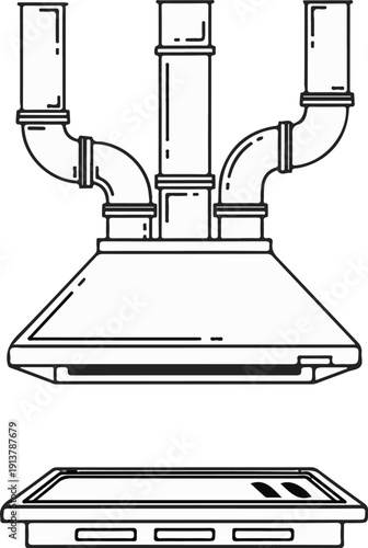 Kitchen ventilation hood with exhaust ducts and an integrated cooktop below