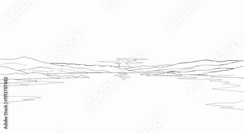 Minimalist ink sketch of a serene sunrise over calm waters and distant mountains
