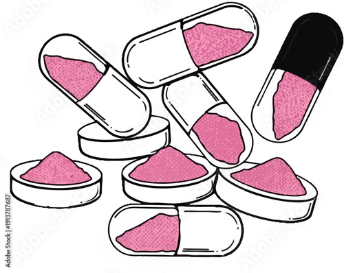 Loose pink powder inside capsules and small containers