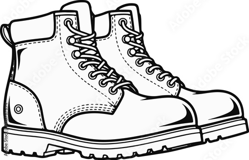 Laced, high-top work boots with thick soles in a simple line drawing