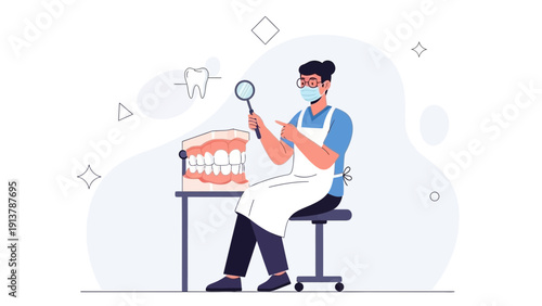 Dentist Inspecting Dental Model with Magnifying Glass, Oral Care Concept