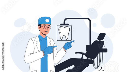 Dentist pointing to dental chair and tooth x-ray, healthcare concept