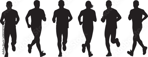 Six black silhouettes of people running on white background also transparent background