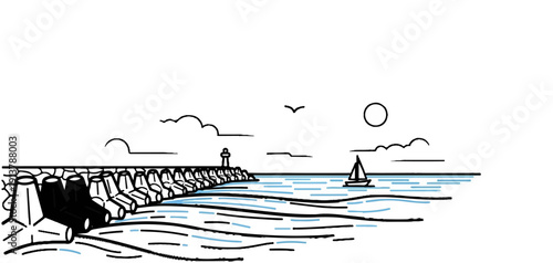 Minimalist seaside scene with a breakwater, lighthouse, sailboat, and clouds