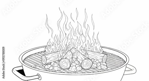 Line art drawing of a barbecue grill with logs and flames