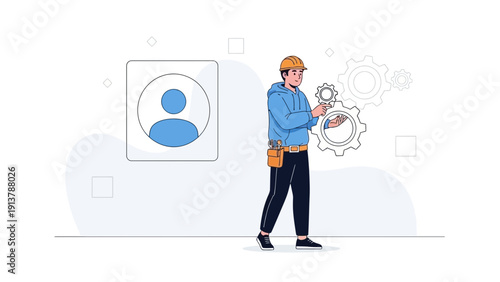 Engineer working with gears and profile icon, concept of system setup and user profile