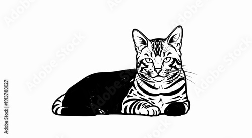 Line art drawing of a striped feline lying down with its front paws extended