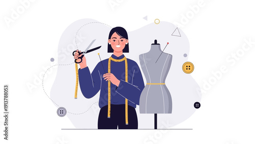 Fashion Designer Woman with Scissors and Mannequin, Tailoring Concept