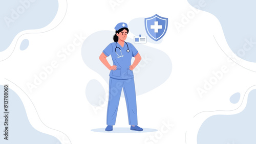 Female Nurse Standing Confidently with Stethoscope and Medical Shield Icon