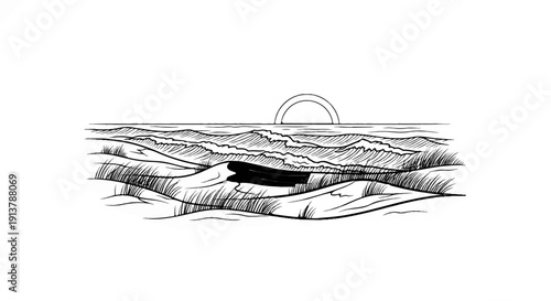 Minimalist sketch of a sandy shore with driftwood and ocean waves at sunset