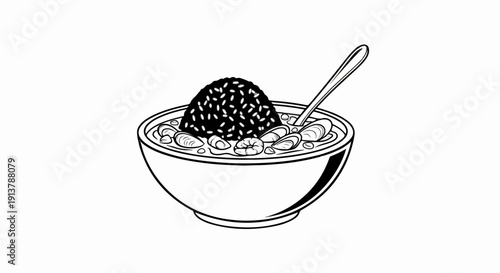 Line art illustration of a bowl of seafood, rice, and a spoon