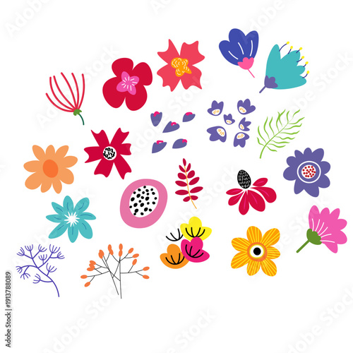 abstract , hand-drawn whimsical abstract floral clipart elements,  naive, bohemian, or doodle-like aesthetic, variety of colorful flowers, leaves, and sprigs in different shapes and bright colors.