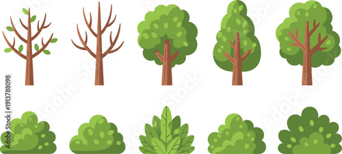 Cute hand drawn botanical tree bundle with lush green leaves vector