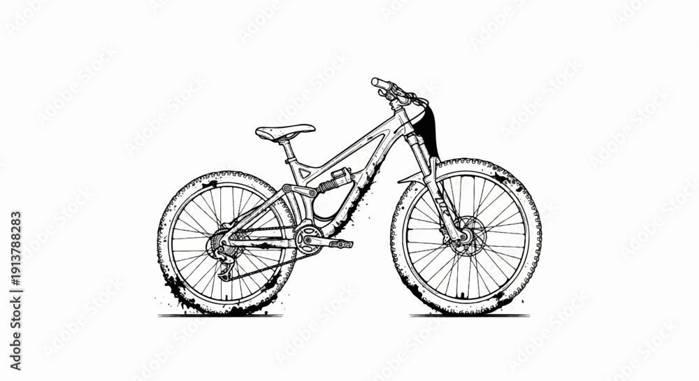 Obraz premium Line art illustration of a rugged, full-suspension mountain bike with splattered paint effects
