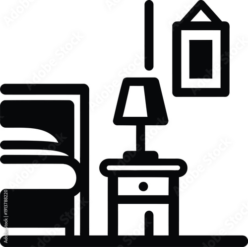 Vector icon of a modern bedroom with a single bed a bedside table with a lamp and a framed picture for hotel and home interior design projects.