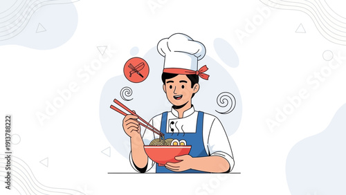 Happy Chef Eating Noodles with Chopsticks - Asian Cuisine Concept