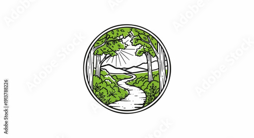 Lush green forest scene with a winding river and distant mountains under sunrays