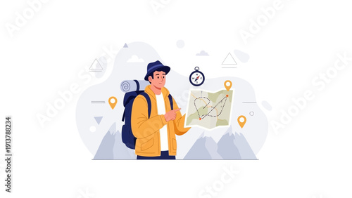 Hiker with backpack and map exploring mountains, travel and adventure concept