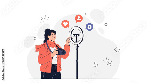 Influencer girl with camera and ring light creating content for social media