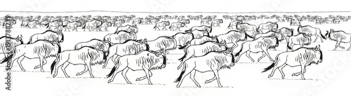 Numerous wildebeest run across a vast, flat savanna under a clear sky