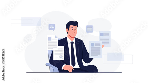 Lawyer reviewing legal documents, law and justice concept, flat vector illustration