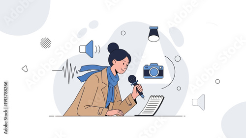 Journalist Reporting with Microphone and Camera, Media Concept
