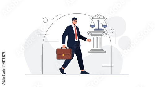 Lawyer Walking with Briefcase and Scales of Justice Icon