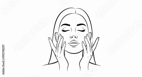 Line art illustration of a woman's face with hands gently touching cheeks