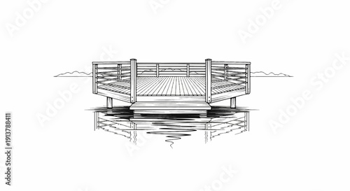 Octagonal wooden deck with railings on stilts over water