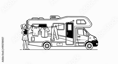 Person hanging laundry on a clothesline next to a recreational vehicle