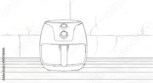 Line art illustration of an air fryer with controls and handle on wooden planks