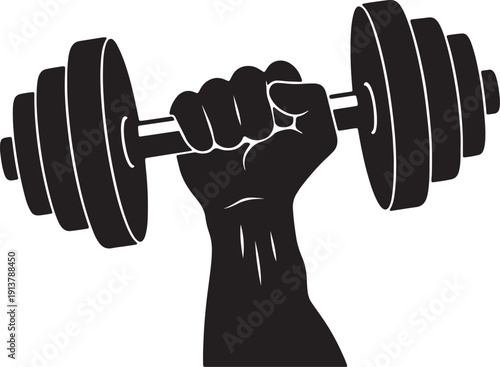 Black silhouette of clenched fist holding dumbbell also transparent background hand