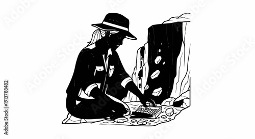 Person in a hat examines rocks by a cave entrance