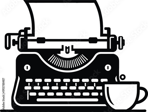 Vintage manual typewriter icon with a blank paper sheet and a cup of coffee for creative writing journalism and storytelling concepts.