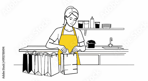 Person in apron packing bags with items, counter, sink, shelves