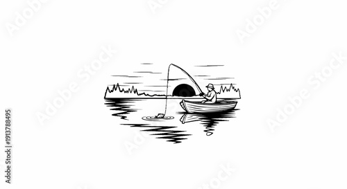 Person in a rowboat casts a fishing line into the water with a sunset behind them