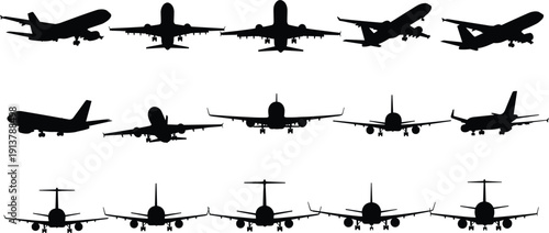 Set of airplane landing and takeoff silhouettes in different angles isolated on white background vector