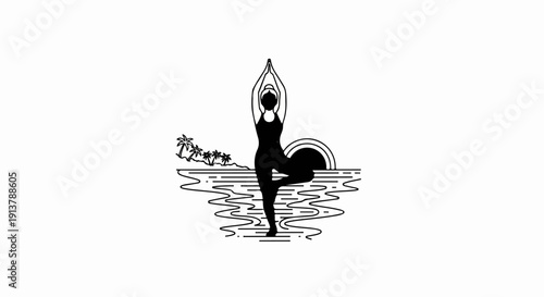 Person in tree pose by ocean with palms and rainbow