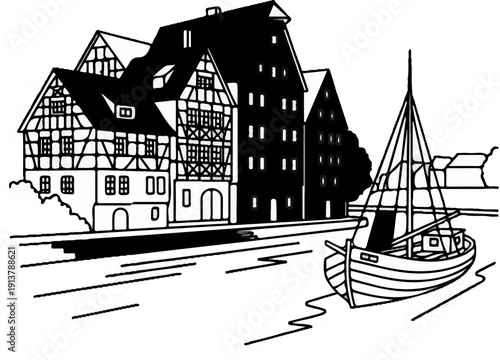 Old harbor with timber-framed houses and sailing boat