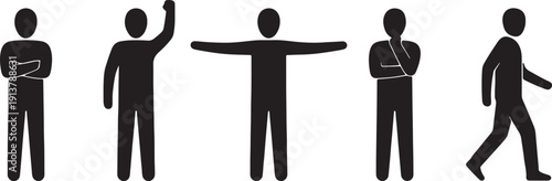 Five black silhouettes of people in different poses on white background also transparent background stick figures