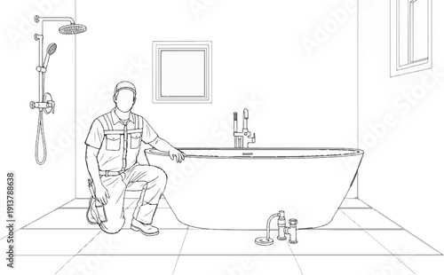 Person in work clothes kneeling next to a bathtub, with shower and faucet visible