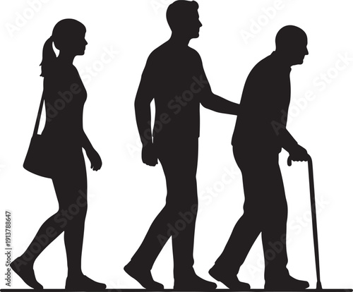 Silhouette of three people walking together with one assisting elderly also transparent background silhouettes