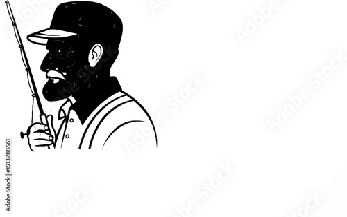 Old man with beard and cap fishing rod outdoor activity